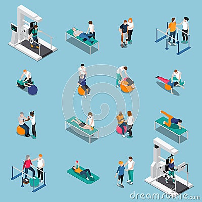 Physiotherapy Rehabilitation Isometric People Icon Set Vector Illustration