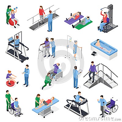 Physiotherapy Rehabilitation Isometric Set Vector Illustration