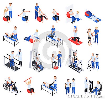 Physiotherapy Rehabilitation Isometric Set Vector Illustration