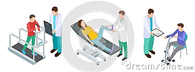 Physiotherapy rehabilitation. Patients and doctors in rehabilitation centre clinic. Isometric vector set Vector Illustration