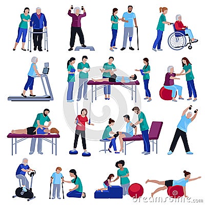 Physiotherapy Rehabilitation People Flat Icons Collection Vector Illustration