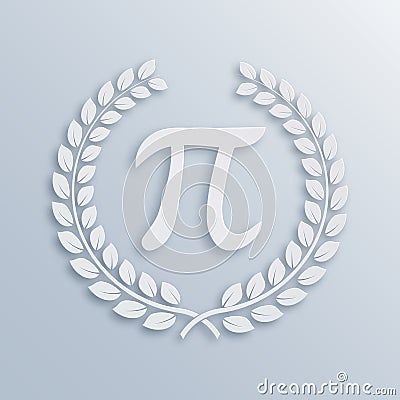 Pi Day celebration. White laurel wreath with Pi sign. Mathematical constant, irrational complex number, greek letter Vector Illustration