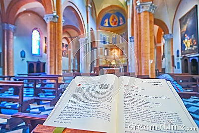 The Book of the Gospels in Santa Brigida d'Irlanda Church, on April 6 in Piacenza, Italy Editorial Stock Photo