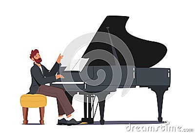 Pianist in Concert Costume Playing Musical Composition on Grand Piano for Symphonic Orchestra or Opera Performance Vector Illustration