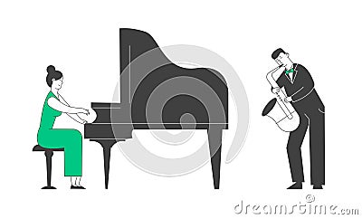 Pianist and Saxophone Player in Concert Costume Playing Musical Composition on Grand Piano and Sax for Jazz Performance Vector Illustration