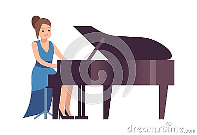 Pianist woman. Classical female musician character in blue dress with black piano plays melody, acoustic music show Vector Illustration