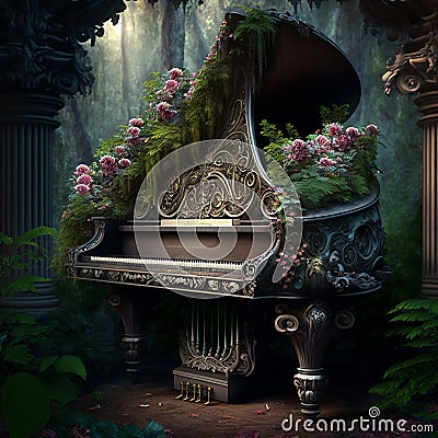 Piano covered in overgrown floral vines and buds. Ai generated. Stock Photo