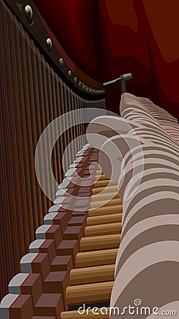 Piano interiors with strings and hammers. Vector Illustration
