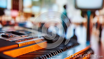 Piano keyboard close-up with a blurred people on event background. Promotion of offline music concerts Stock Photo