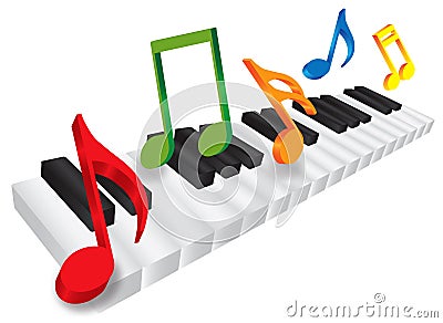 Piano Keyboard and 3D Music Notes Illustration Vector Illustration