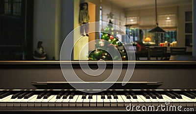 Piano keyboard, front view, blur christmas tree background. 3d illustration Cartoon Illustration