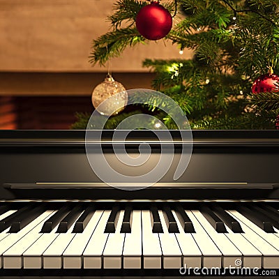 Piano keyboard, front view, christmas tree background. 3d illustration Cartoon Illustration