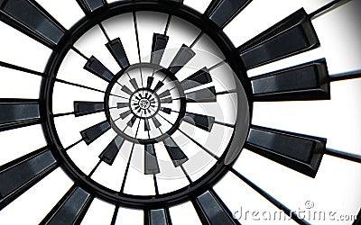 Piano keyboard printed music abstract fractal circle pattern background. Black and white piano round keys. Spiral Piano helical pa Stock Photo
