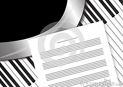 Piano keyboard with staff papers Vector Illustration