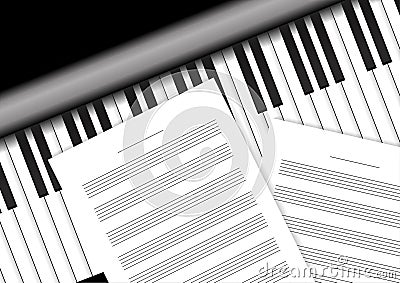 Piano keyboard with staff papers Vector Illustration