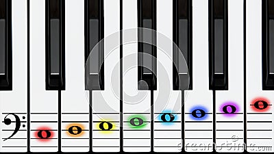 Piano keys, bass clef on stave with colored notes Cartoon Illustration