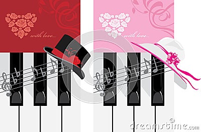 Piano keys and female hat. Romantic music Vector Illustration