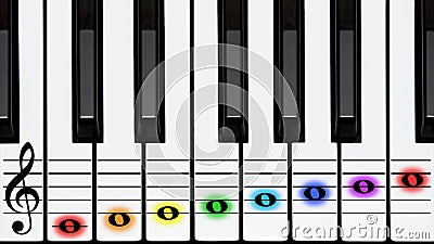 Piano keys, treble clef on stave, colored notes Cartoon Illustration