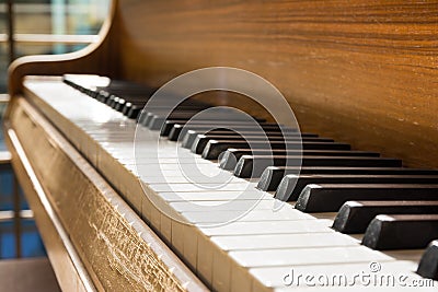 Piano Keys White Black Wood Grain Closeup Detail Warm Relax Empty Afternoon Sunlight Bright Music Stock Photo