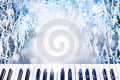 Piano keys on the winter background with branches of birch, cove Stock Photo