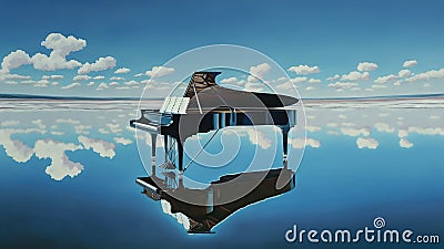 Piano sitting on clearing sea. sky. surreal. Generative AI. Beautiful scenery. Instrument Stock Photo