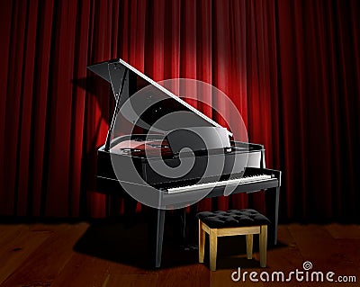 Piano spotlight with red curtain Stock Photo