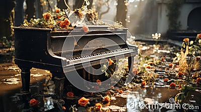 A piano surrounded by flowers Stock Photo