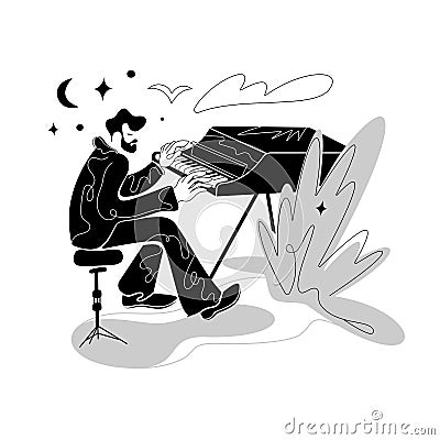 Piano vector lessons play. Certificate teacher.Player on festival, concert. Illustration for poster design background.Simple silho Vector Illustration