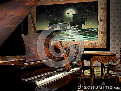 Piano and Violin in room Stock Photo