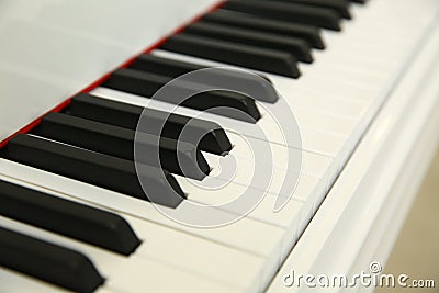 Close frontal . The piano was set up in the music room to allow the pianist to rehearse before the classical piano performance in Stock Photo