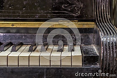 Pianoforte, front view instrument, musical instrument. learn to play the instrument at home. white large piano. piano keyboard. Stock Photo