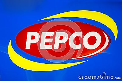 PIATRA NEAMT, ROMANIA- 27.07.2019. Sign Pepco. Company signboard, logo Pepco. European shop network with clothes and home items Editorial Stock Photo