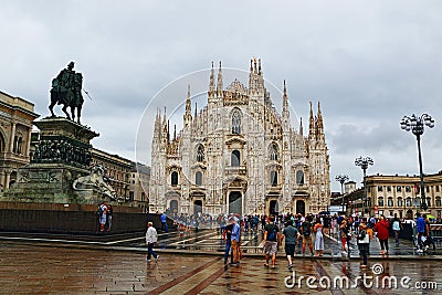 Piazza del Duomo and Milan Cathedral rainy day view Italy Editorial Stock Photo