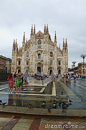 Piazza del Duomo and Milan Cathedral rainy day view Italy Editorial Stock Photo