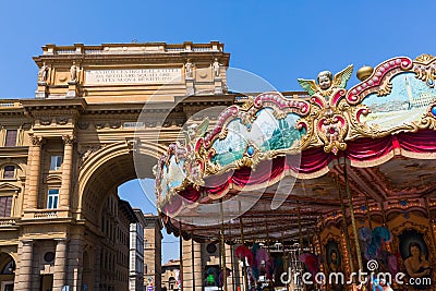 Piazza della Repubblica with antique carousel in Florence, Italy Editorial Stock Photo