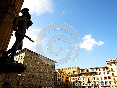 Piazza della Signoria in Florence, ITALY, view from Loggia Lanzi with the sculpture "Perseus with Medusa's Head" Stock Photo