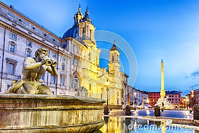 Piazza Navona and the Moor fountain, Rome, Italy, twilight view Stock Photo