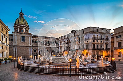 Piazza Pretoria and the Praetorian Fountain in Palermo, Sicily, Italy Editorial Stock Photo