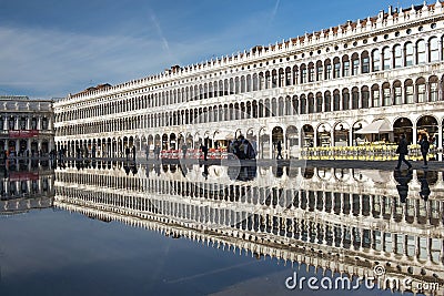 Piazza San Marco during a flood acqua alta in Venice, Italy Editorial Stock Photo
