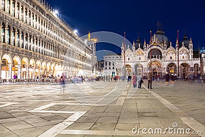 Piazza San Marco square with Basilica of Saint Mark in Venice city at night, Italy Editorial Stock Photo