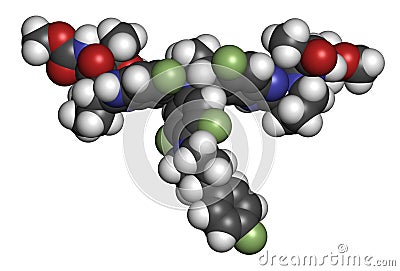 Pibrentasvir hepatitis C virus drug molecule. 3D rendering. Atoms are represented as spheres with conventional color coding: Stock Photo