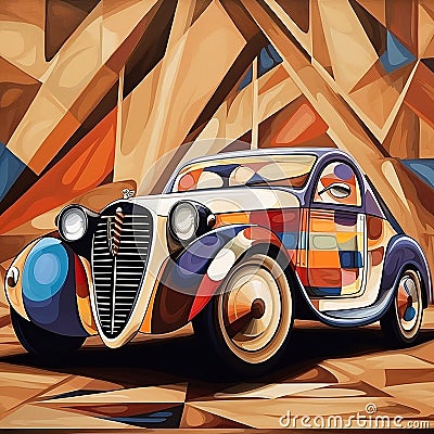 Picasso-style retro car. Art poster. Stock Photo