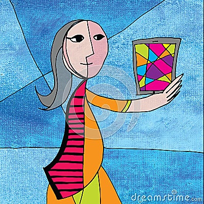 Picasso Woman using a Computer Tablet Stock Photo