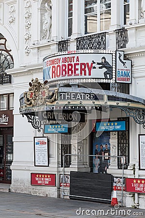 Piccadilly Circus Theatre blocked entrance during national Covid-19 lockdown. Editorial Stock Photo