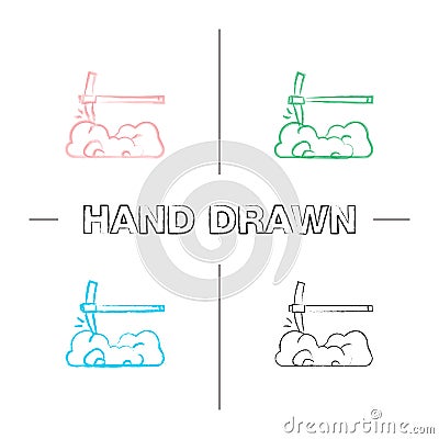 Pick axe breaking rocks hand drawn icons set Vector Illustration