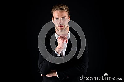 Pick perfect outfit to occasion. Formal event. Every detail matters. Man well groomed wear elegant formal outfit. Macho Stock Photo