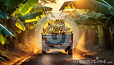 Pick-Up Truck Full of Bananas in a Banana Plantation - Generative Ai Stock Photo