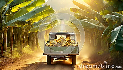 Pick-Up Truck Full of Bananas in a Banana Plantation - Generative Ai Stock Photo