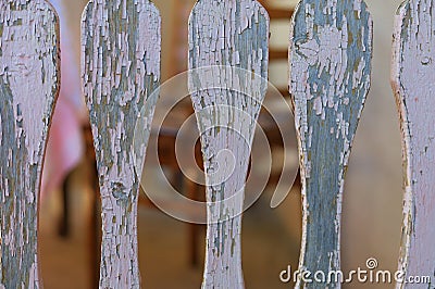 Pickets of old wooden fence. Abstract background with selective focus Stock Photo