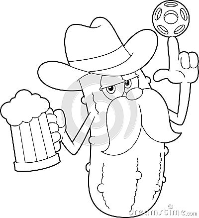 Outlined Cowboy Pickle Cartoon Character Spinning A Pickleball And Holding A Glass Of Beer Vector Illustration